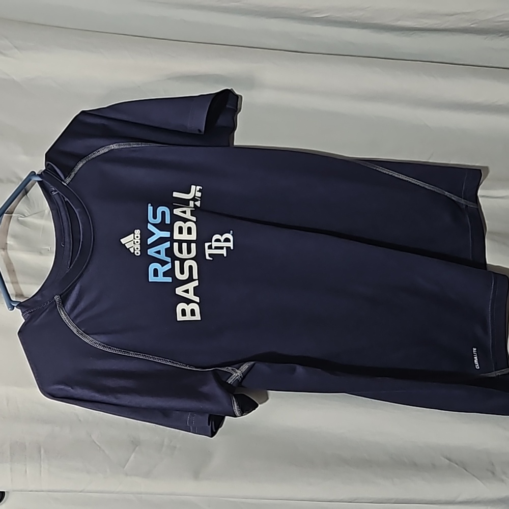 adidas Navy Blue Rays Baseball Short Sleeve Tee with Light Blue and White Logo